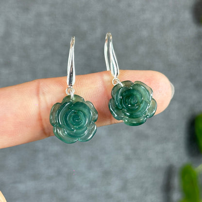 Peony Water Green Translucent Natural Jadeite Jade Earrings with Silver Hook