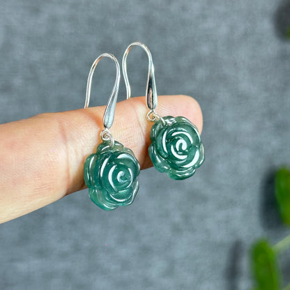 Peony Water Green Translucent Natural Jadeite Jade Earrings with Silver Hook