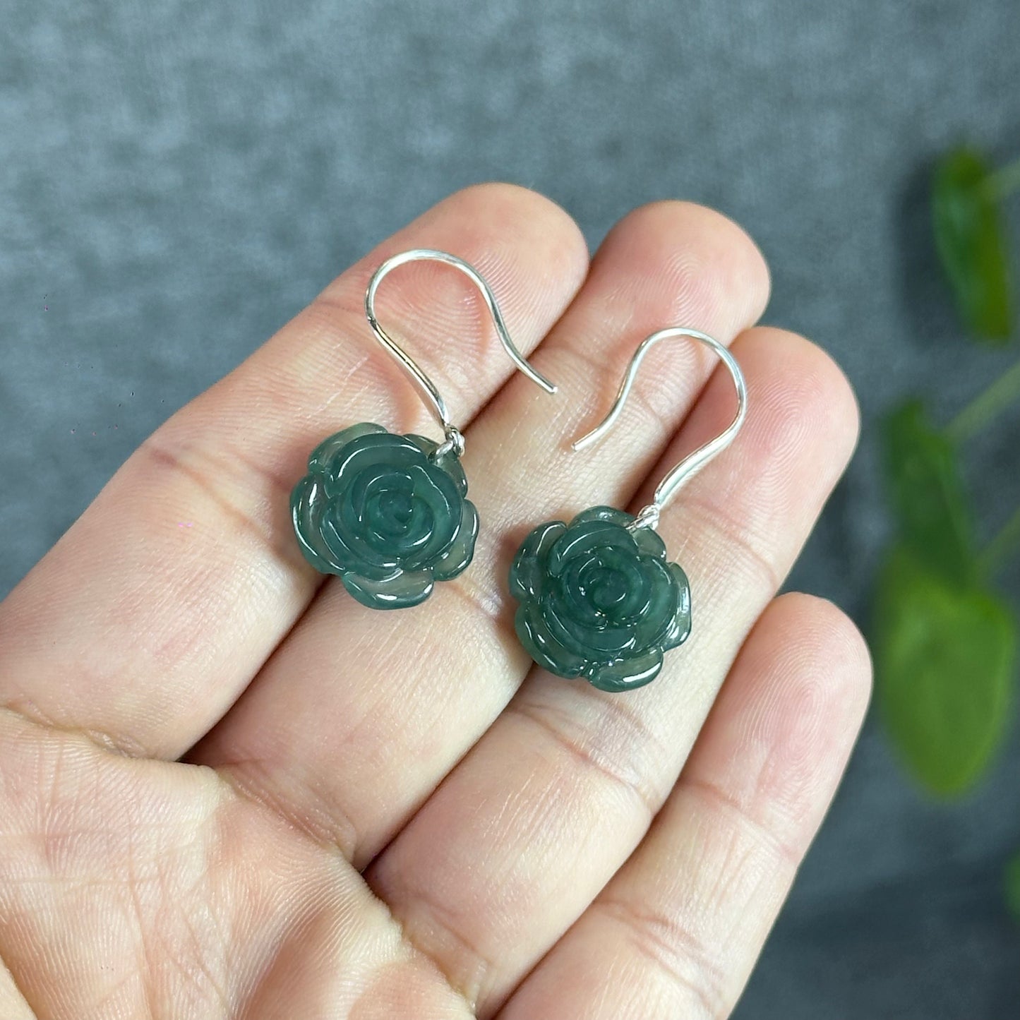 Peony Water Green Translucent Natural Jadeite Jade Earrings with Silver Hook