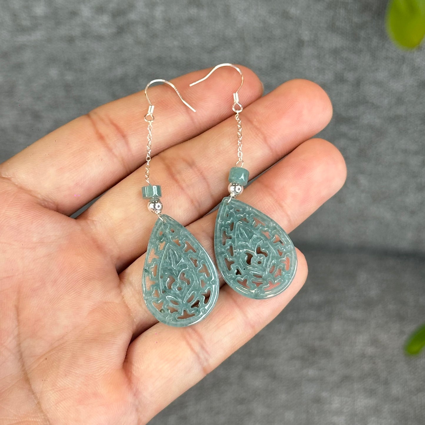 Natural Blue Water Jadeite Jade Teardrop Earrings in Silver Setting