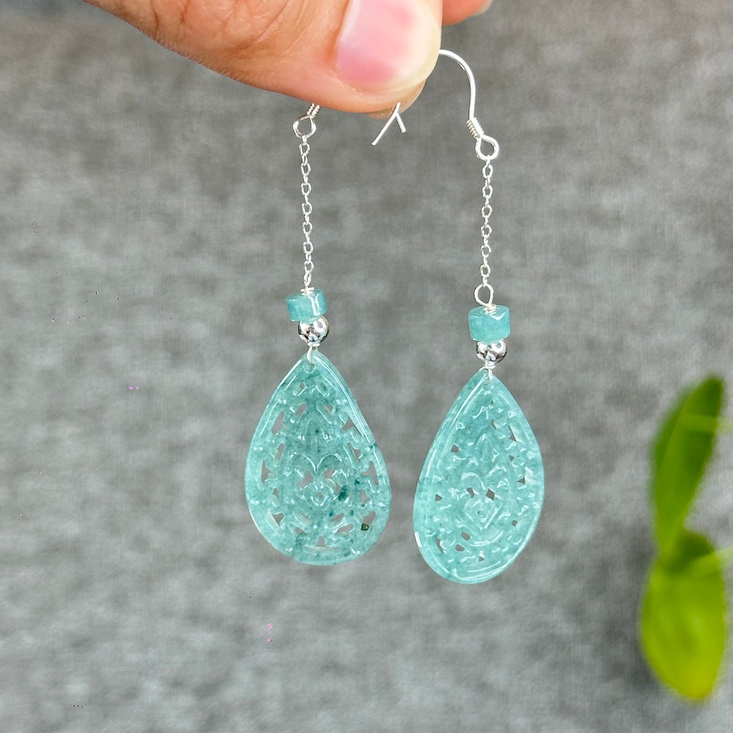 Natural Blue Water Jadeite Jade Teardrop Earrings in Silver Setting