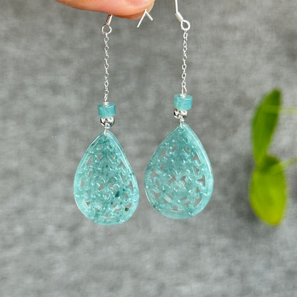 Natural Blue Water Jadeite Jade Teardrop Earrings in Silver Setting