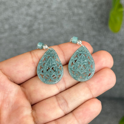 Natural Blue Water Jadeite Jade Teardrop Earrings in Silver Setting