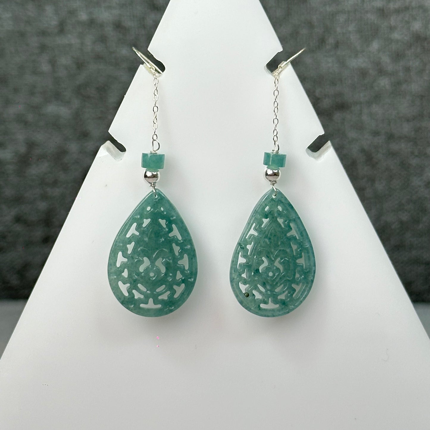 Natural Blue Water Jadeite Jade Teardrop Earrings in Silver Setting