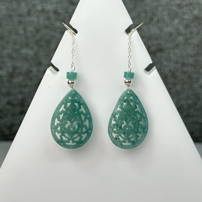 Natural Blue Water Jadeite Jade Teardrop Earrings in Silver Setting