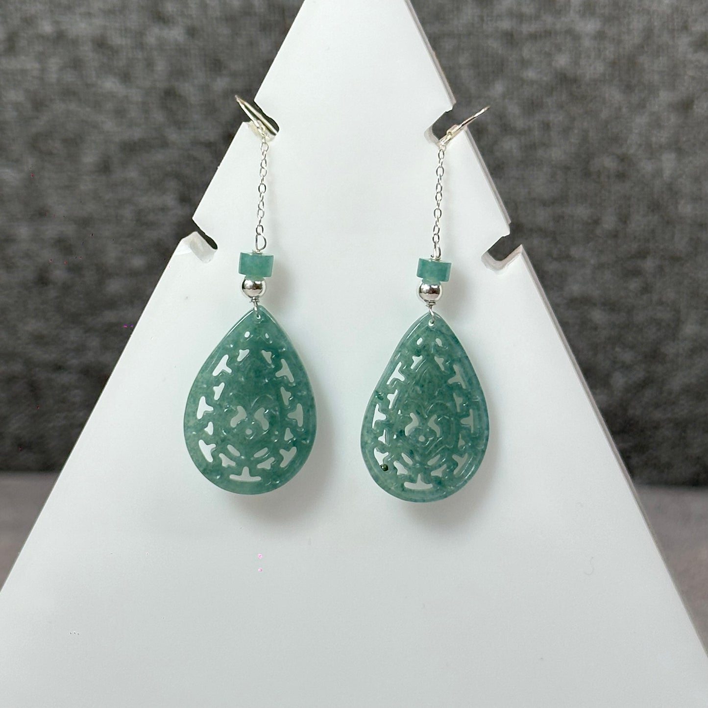 Natural Blue Water Jadeite Jade Teardrop Earrings in Silver Setting