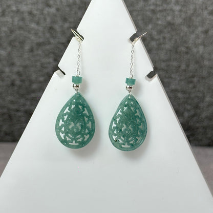 Natural Blue Water Jadeite Jade Teardrop Earrings in Silver Setting