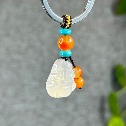 Mini Happy Buddha Natural White Agate Accessory with Metal Hoop