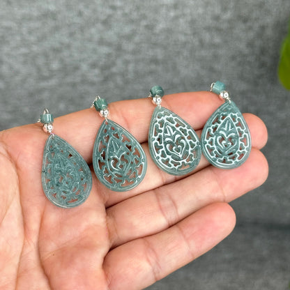 Natural Blue Water Jadeite Jade Teardrop Earrings in Silver Setting