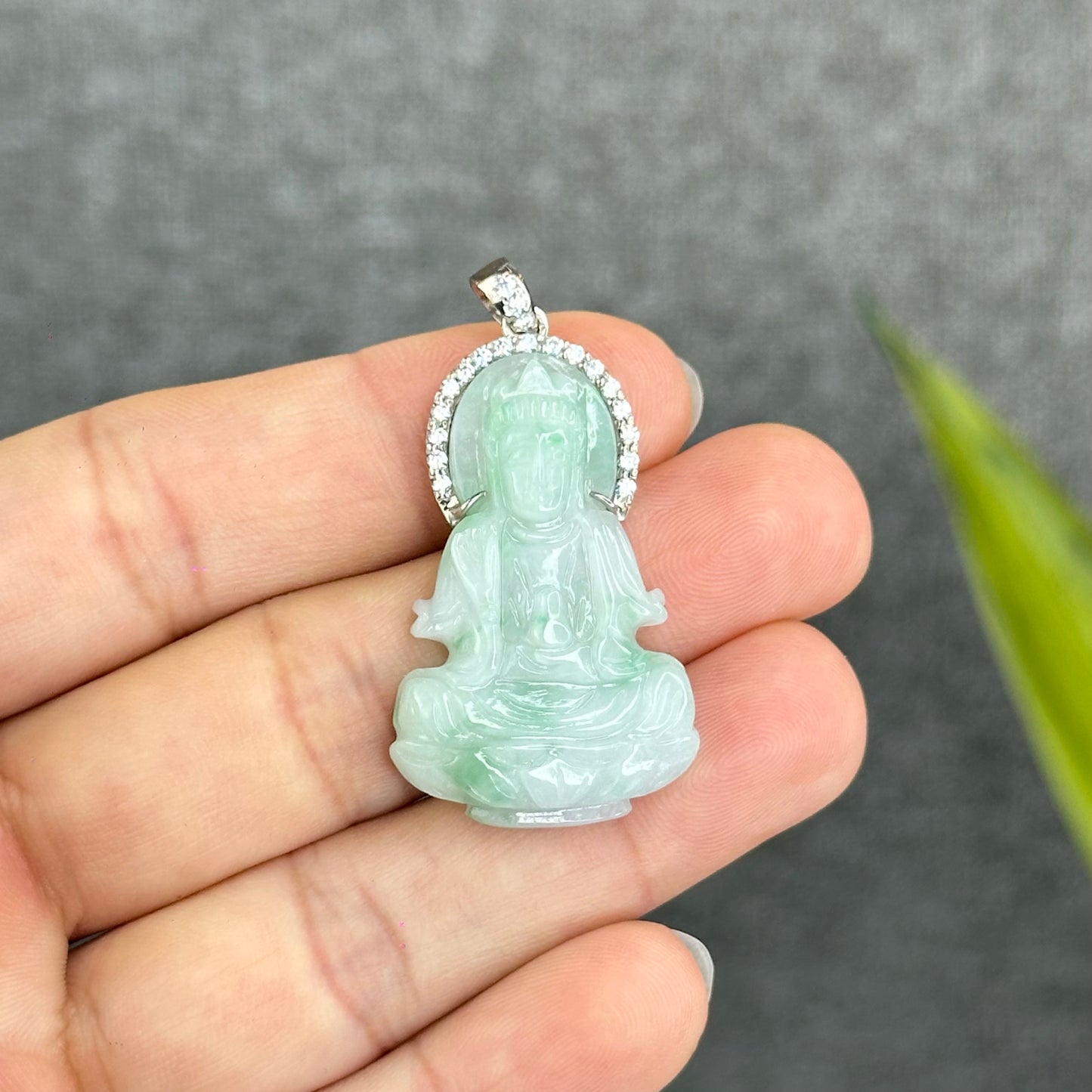Natural Jadeite Jade Quan Yin Buddha Pendant with 10k White Gold Setting