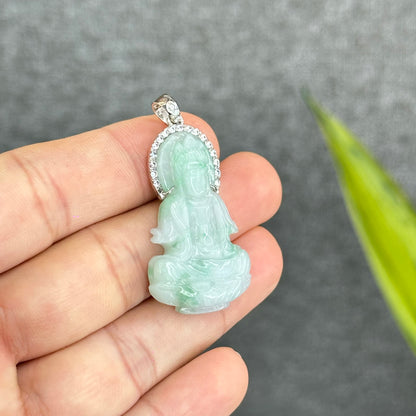 Natural Jadeite Jade Quan Yin Buddha Pendant with 10k White Gold Setting