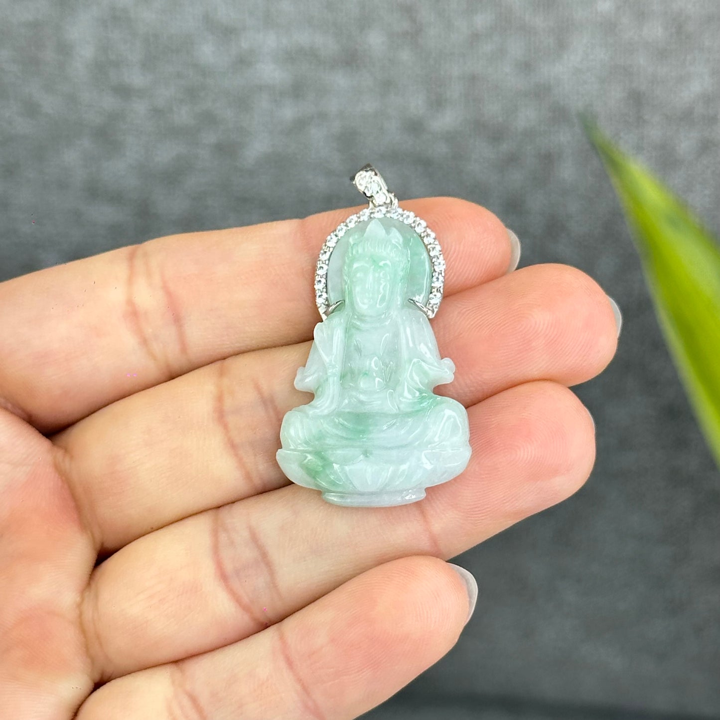 Natural Jadeite Jade Quan Yin Buddha Pendant with 10k White Gold Setting