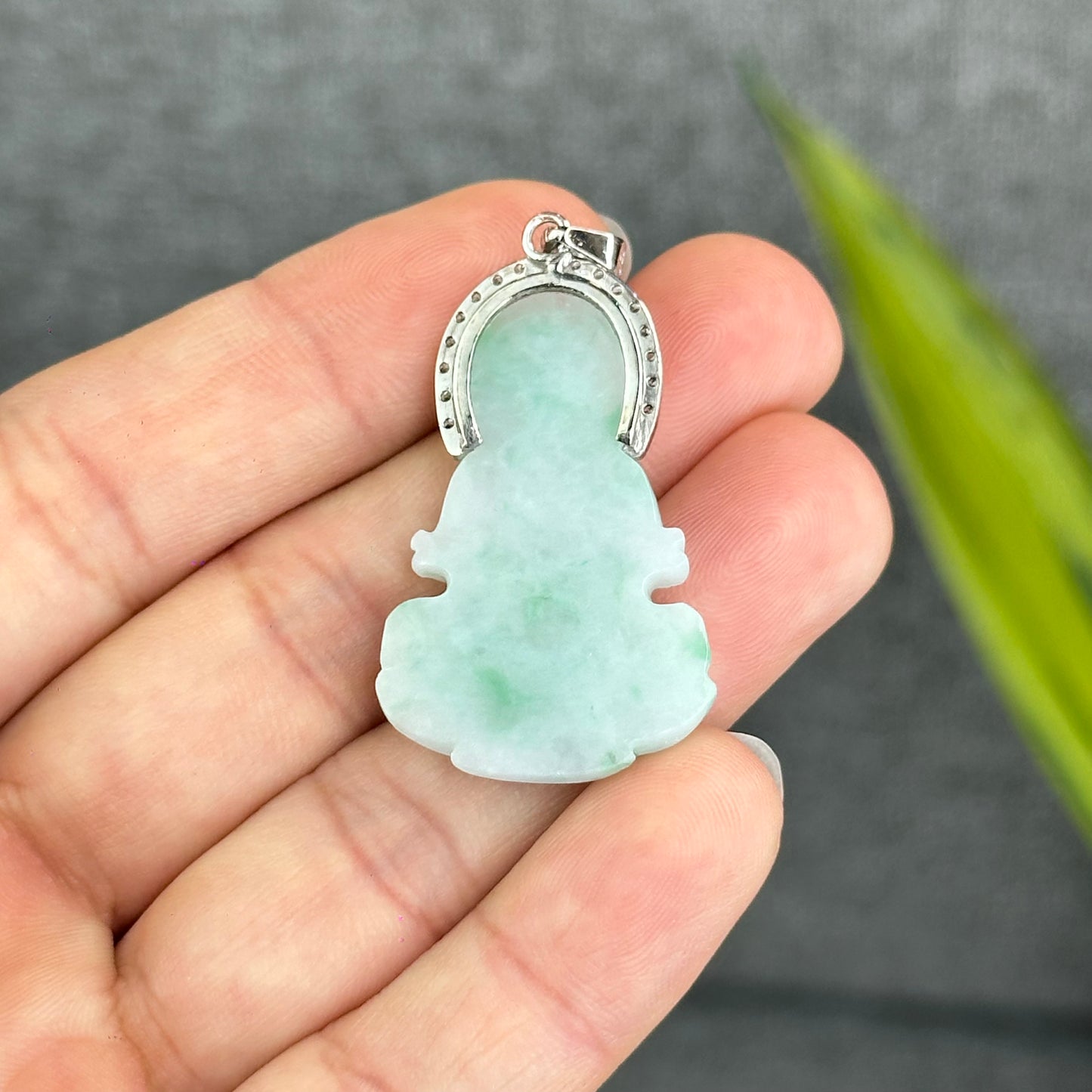Natural Jadeite Jade Quan Yin Buddha Pendant with 10k White Gold Setting