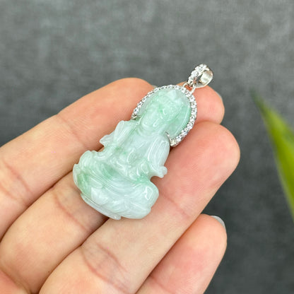 Natural Jadeite Jade Quan Yin Buddha Pendant with 10k White Gold Setting