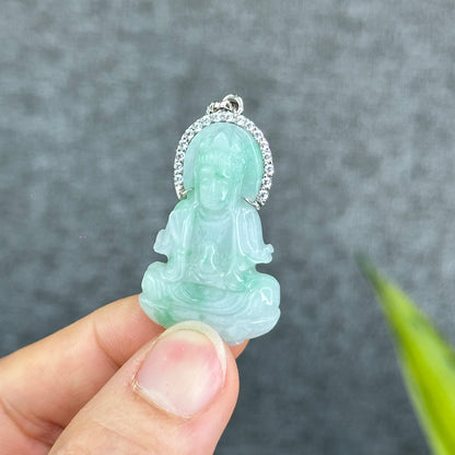 Natural Jadeite Jade Quan Yin Buddha Pendant with 10k White Gold Setting
