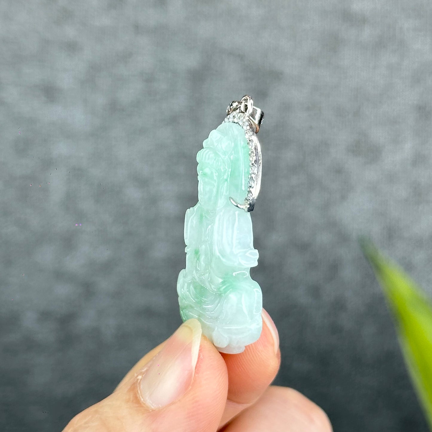 Natural Jadeite Jade Quan Yin Buddha Pendant with 10k White Gold Setting