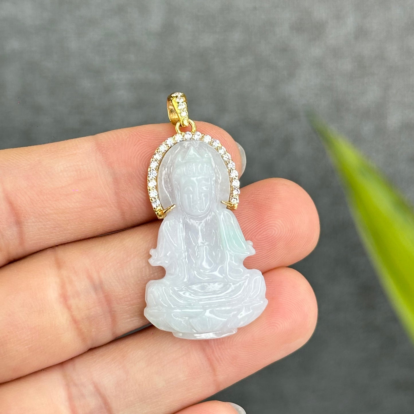 Natural Jadeite Jade Quan Yin Buddha Pendant with 10k Yellow Gold Setting