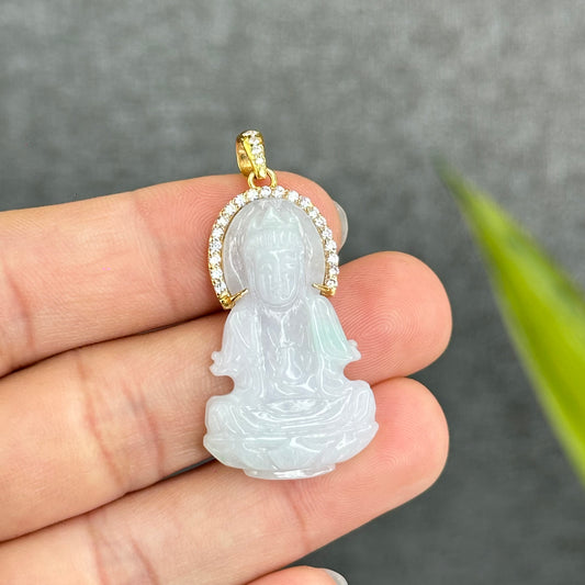 Natural Jadeite Jade Quan Yin Buddha Pendant with 10k Yellow Gold Setting