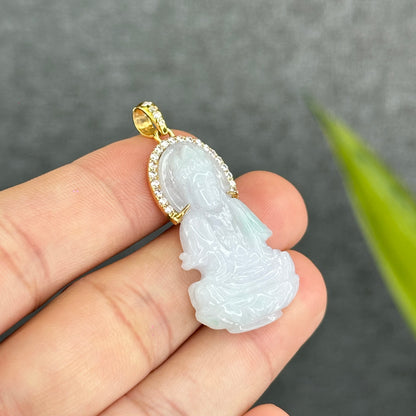 Natural Jadeite Jade Quan Yin Buddha Pendant with 10k Yellow Gold Setting