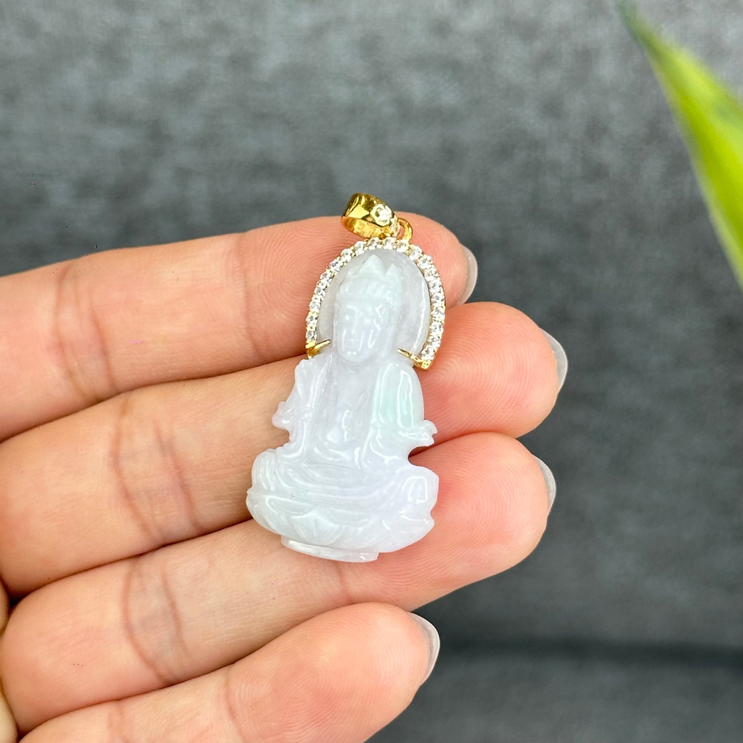 Natural Jadeite Jade Quan Yin Buddha Pendant with 10k Yellow Gold Setting