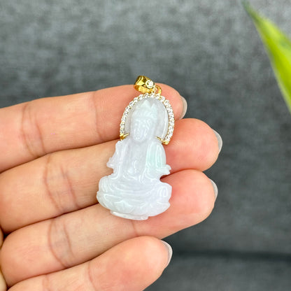 Natural Jadeite Jade Quan Yin Buddha Pendant with 10k Yellow Gold Setting