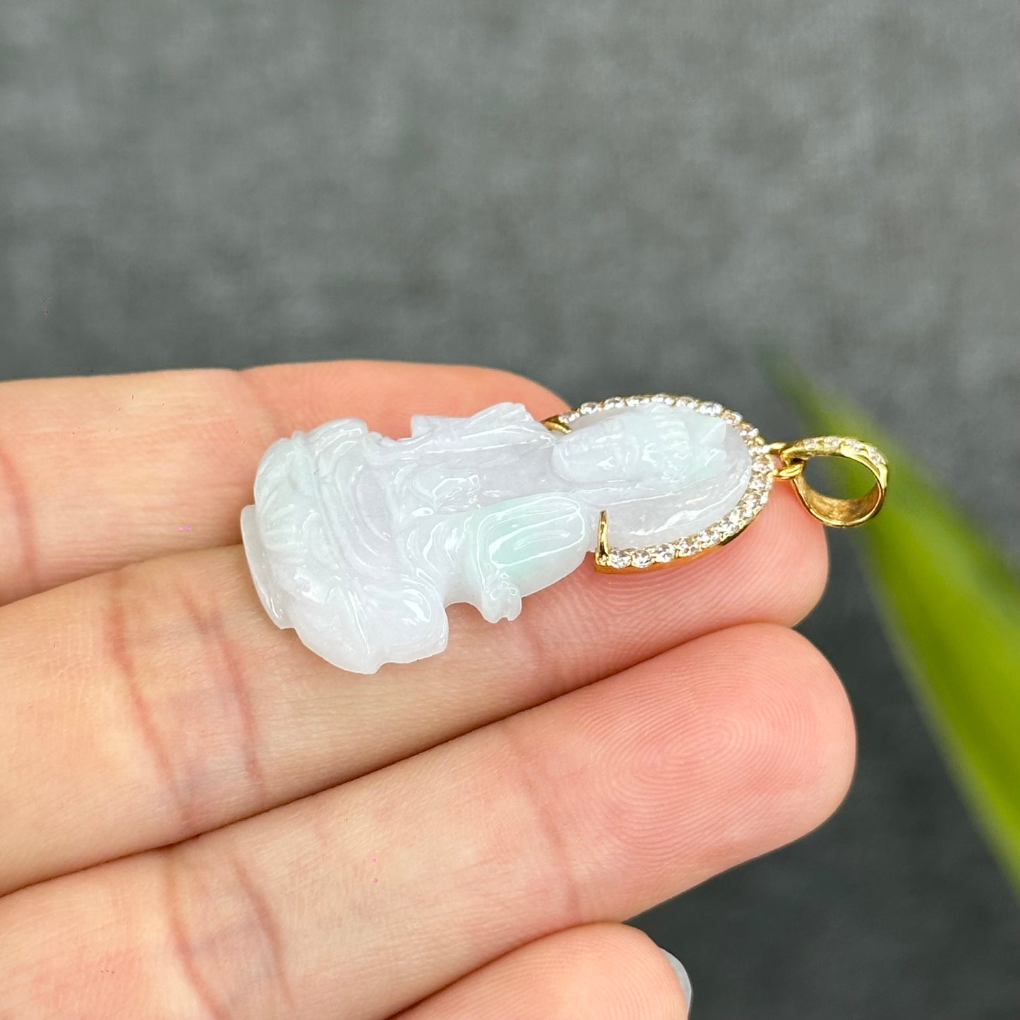 Natural Jadeite Jade Quan Yin Buddha Pendant with 10k Yellow Gold Setting