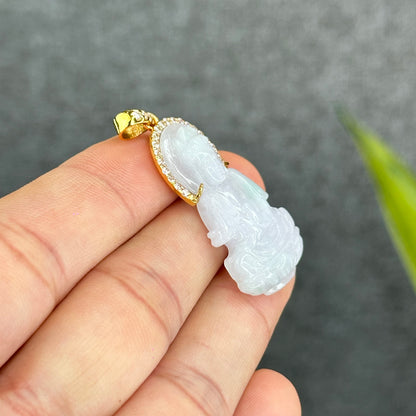 Natural Jadeite Jade Quan Yin Buddha Pendant with 10k Yellow Gold Setting