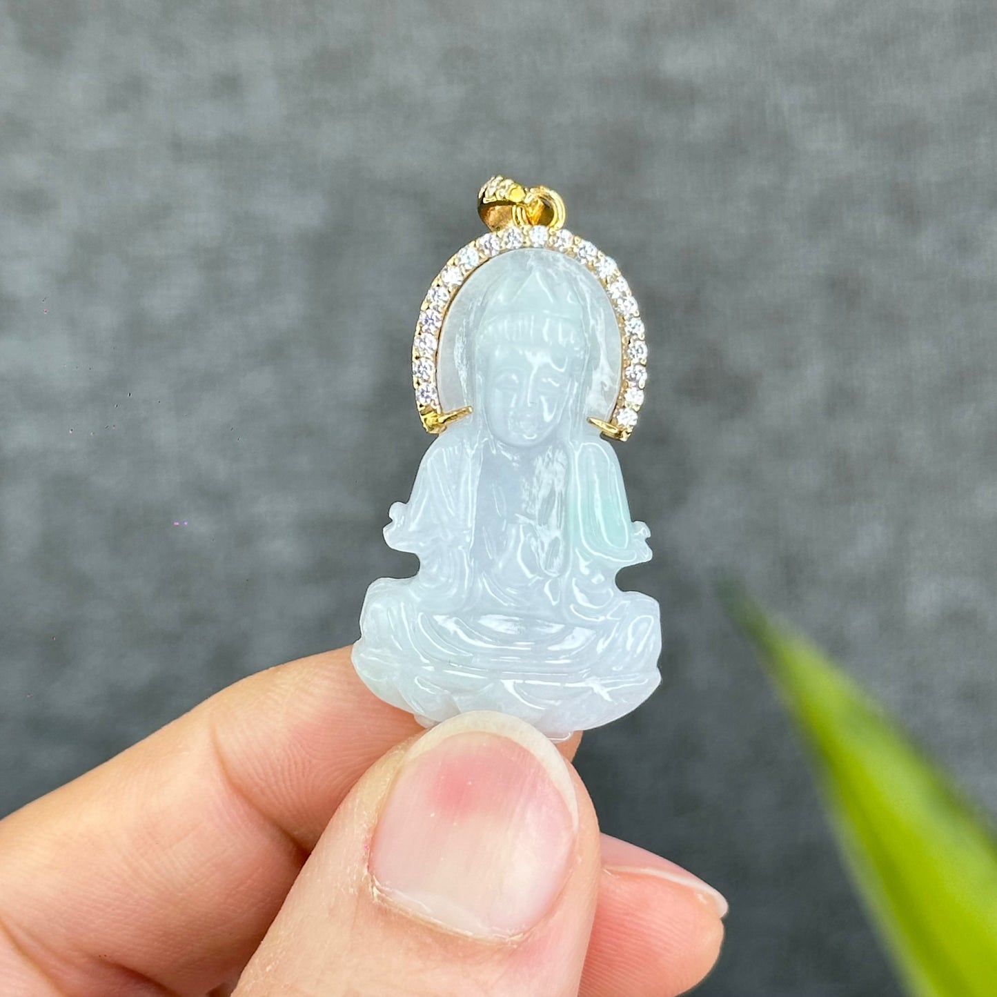 Natural Jadeite Jade Quan Yin Buddha Pendant with 10k Yellow Gold Setting