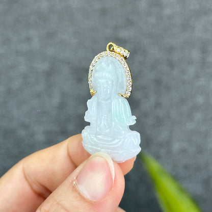 Natural Jadeite Jade Quan Yin Buddha Pendant with 10k Yellow Gold Setting