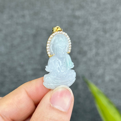 Natural Jadeite Jade Quan Yin Buddha Pendant with 10k Yellow Gold Setting