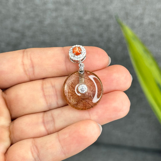 Natural Copper Rutilated Quartz - Donut Dong Dieu with Sunstone Silver Gold Plated Hook