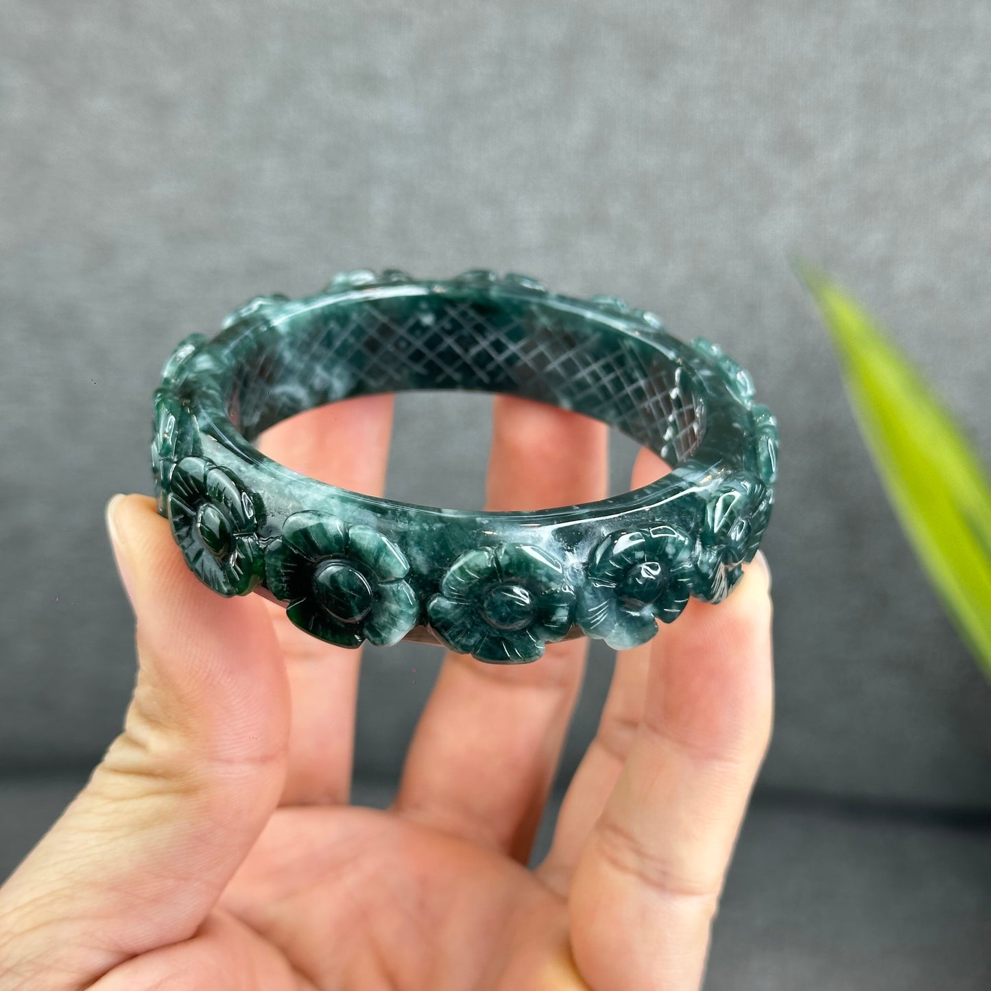 Natural Water Green Floating Flower Carving Jadeite Jade Banlge Square Style Size 55 mm