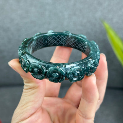 Natural Water Green Floating Flower Carving Jadeite Jade Banlge Square Style Size 55 mm