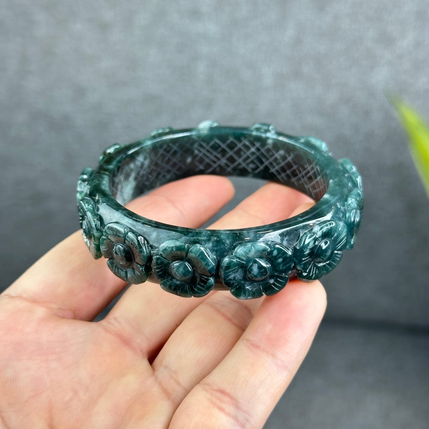 Natural Water Green Floating Flower Carving Jadeite Jade Banlge Square Style Size 55 mm