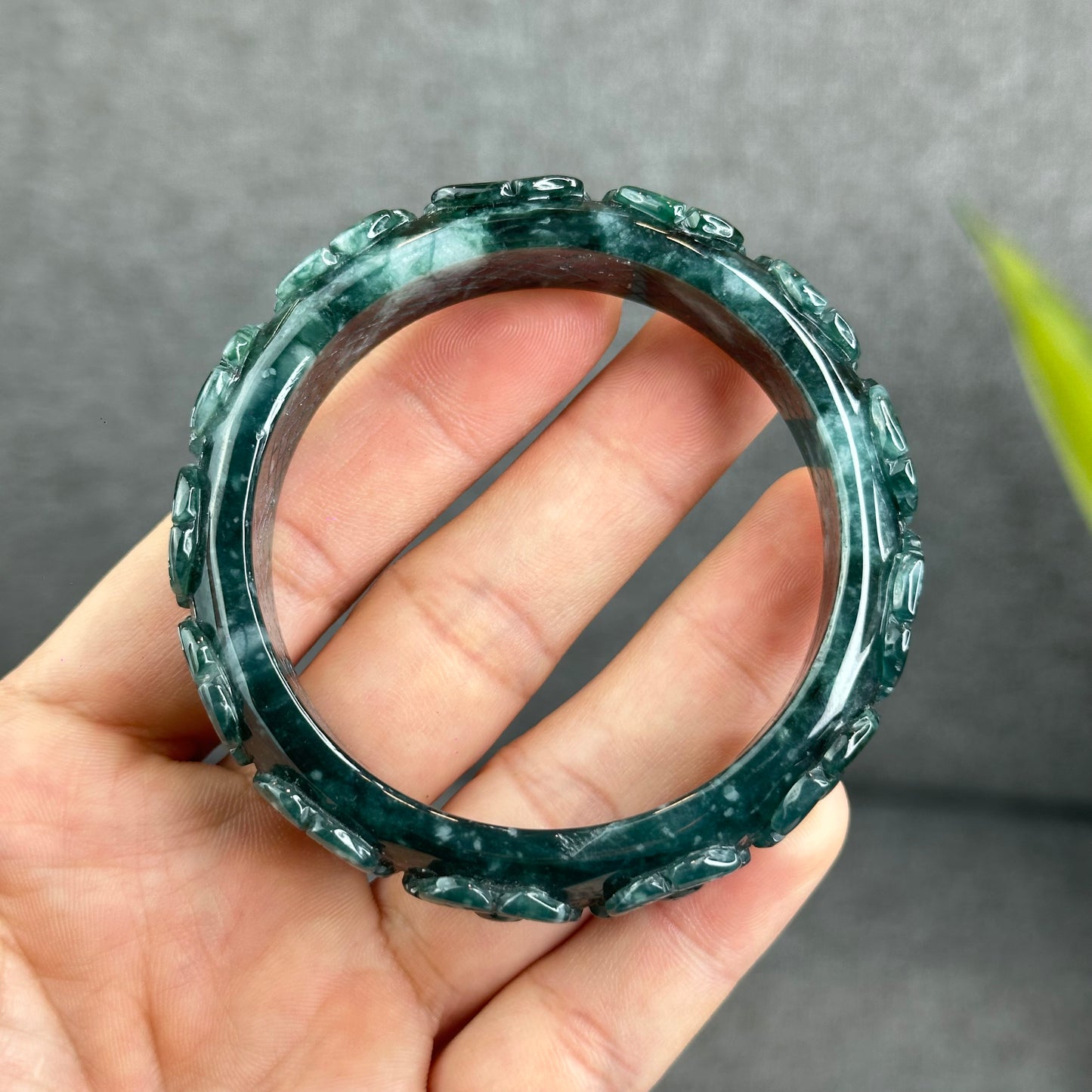 Natural Water Green Floating Flower Carving Jadeite Jade Banlge Square Style Size 55 mm