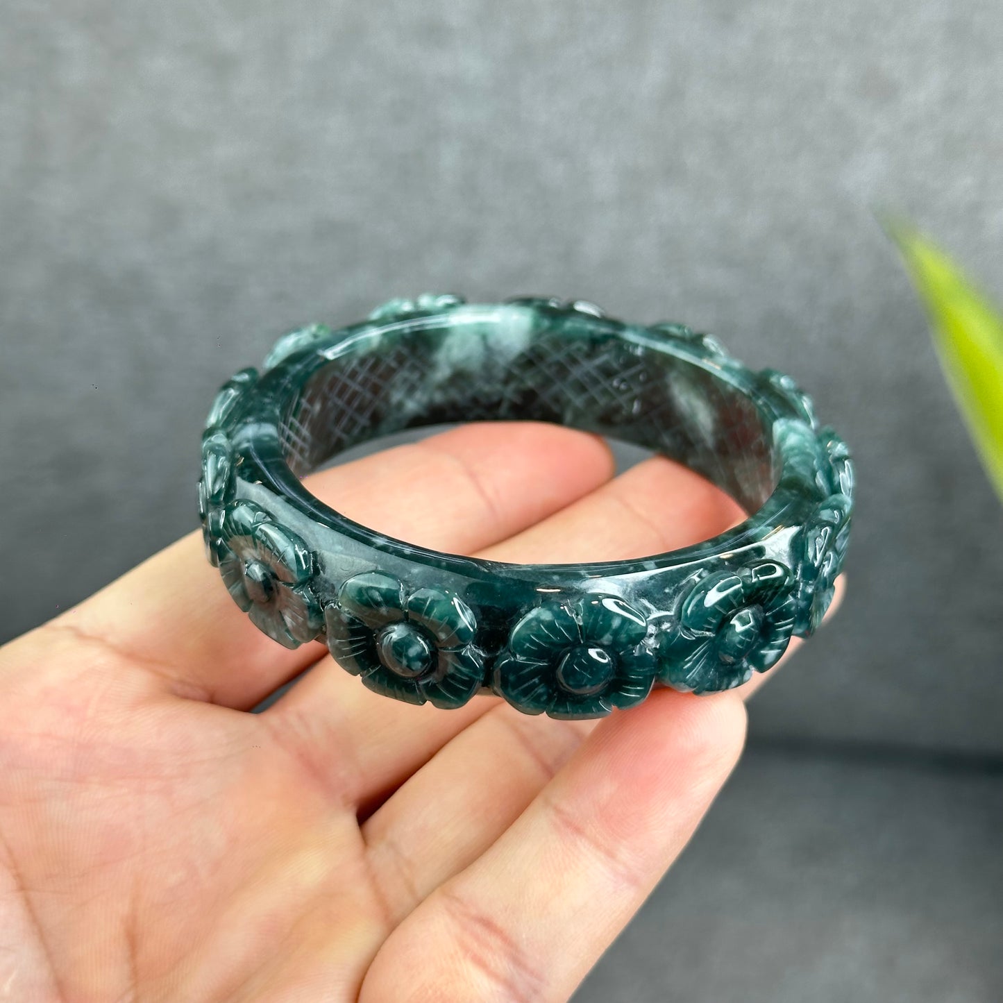 Natural Water Green Floating Flower Carving Jadeite Jade Banlge Square Style Size 55 mm