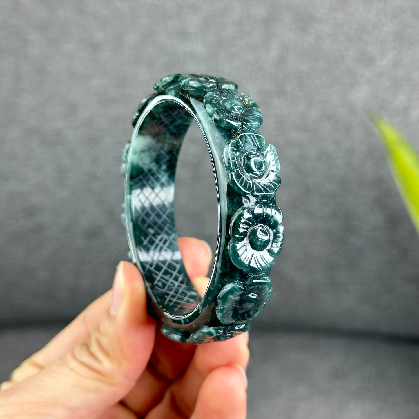 Natural Water Green Floating Flower Carving Jadeite Jade Banlge Square Style Size 55 mm