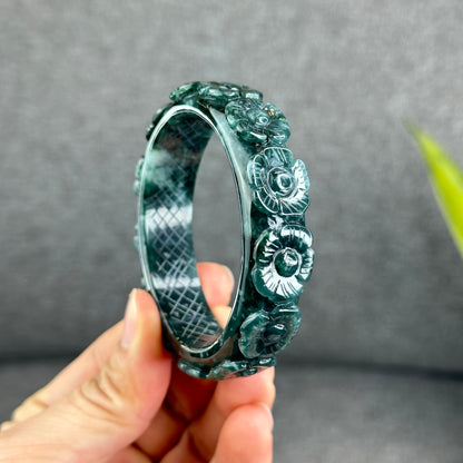 Natural Water Green Floating Flower Carving Jadeite Jade Banlge Square Style Size 55 mm