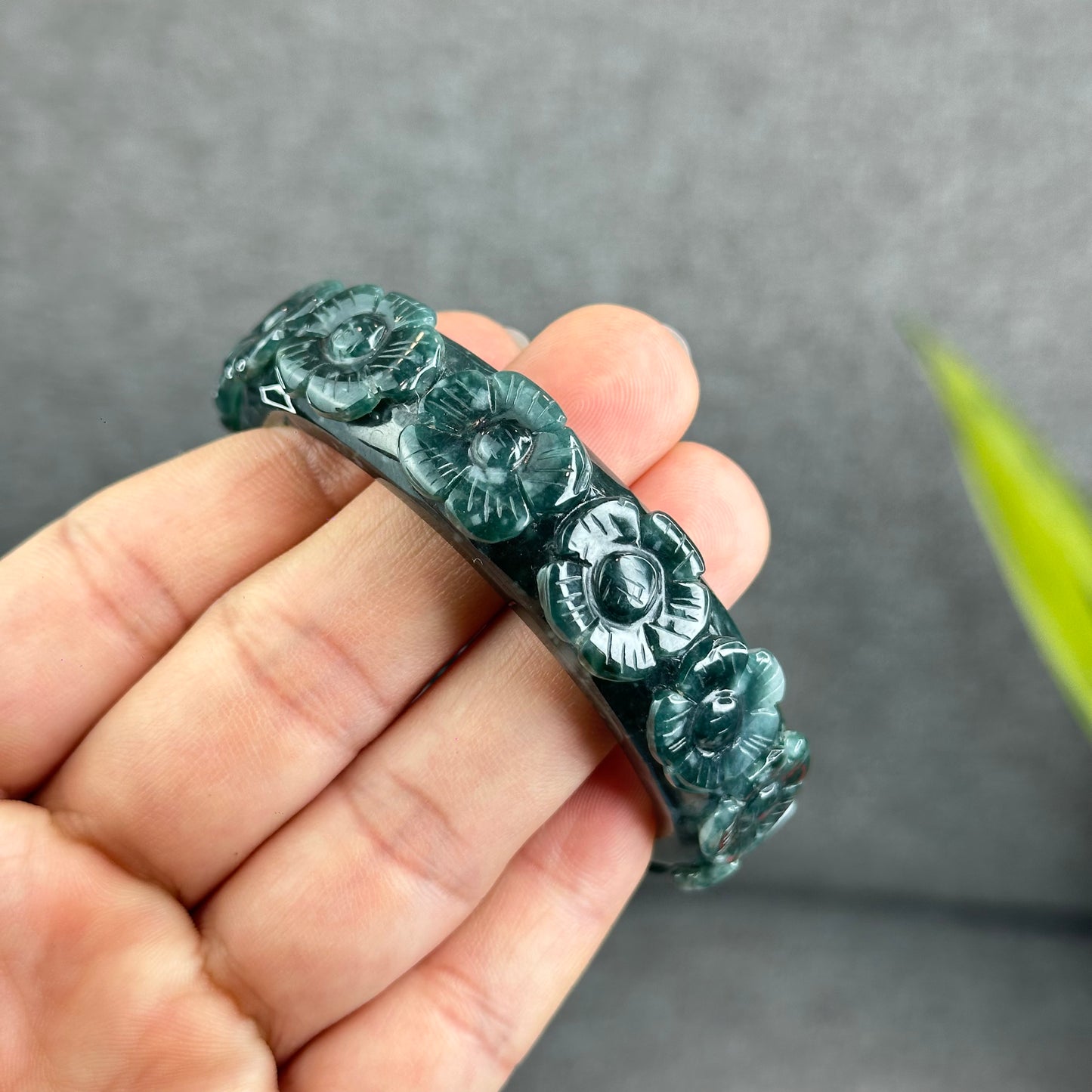 Natural Water Green Floating Flower Carving Jadeite Jade Banlge Square Style Size 55 mm
