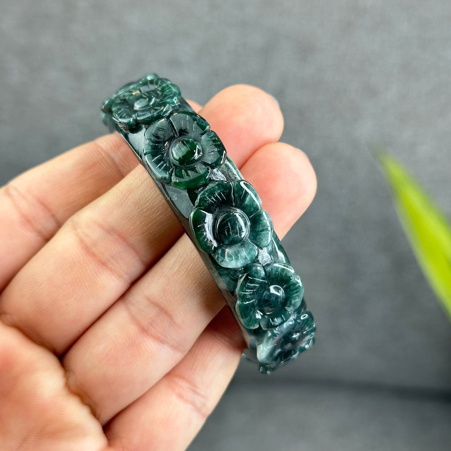 Natural Water Green Floating Flower Carving Jadeite Jade Banlge Square Style Size 55 mm
