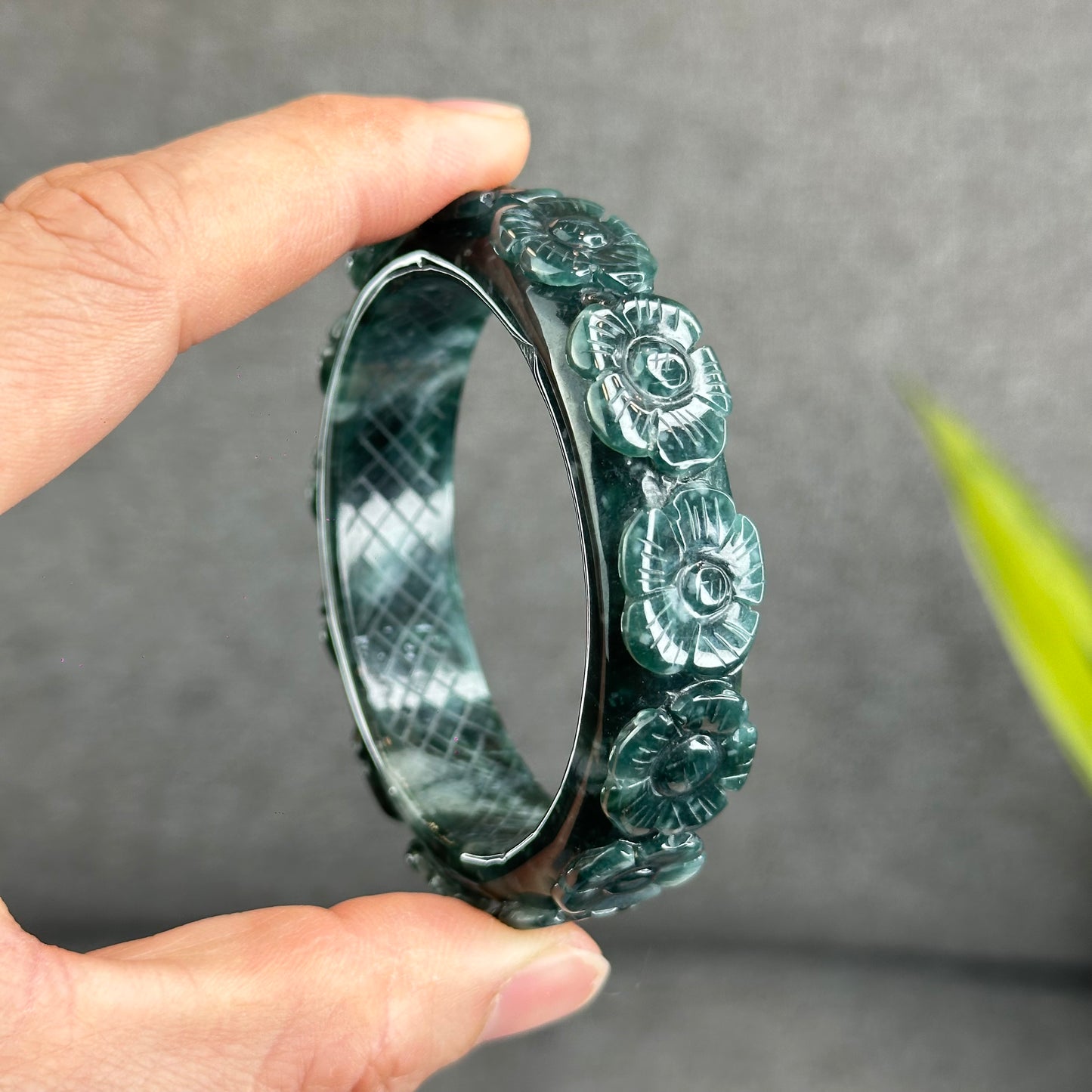 Natural Water Green Floating Flower Carving Jadeite Jade Banlge Square Style Size 55 mm