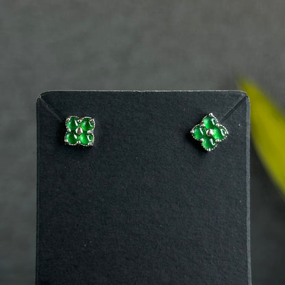 4 Leaf Icy Imperial Green Jadeite Jade Earrings in Silver 925 Setting