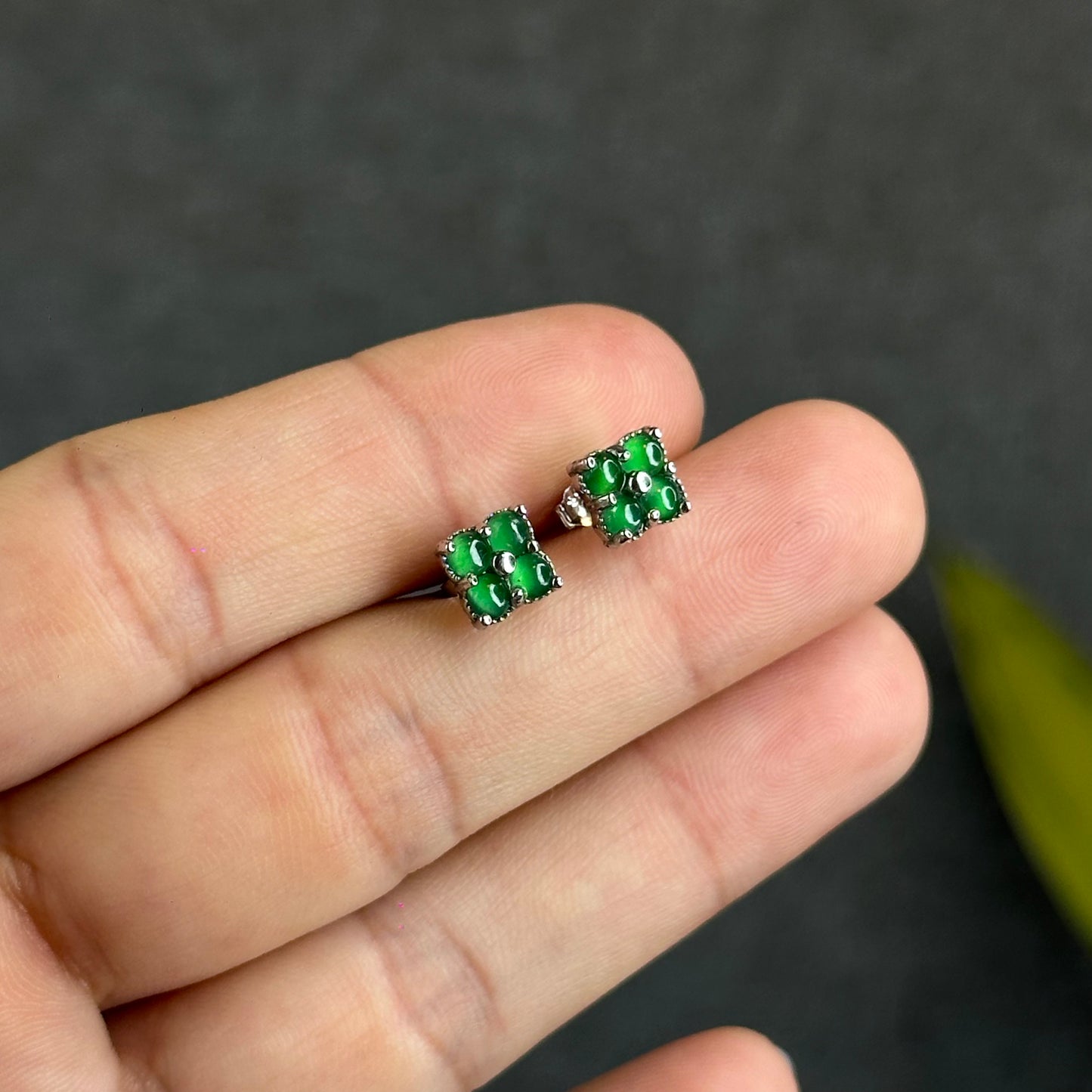 4 Leaf Icy Imperial Green Jadeite Jade Earrings in Silver 925 Setting