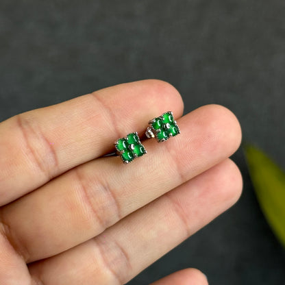 4 Leaf Icy Imperial Green Jadeite Jade Earrings in Silver 925 Setting