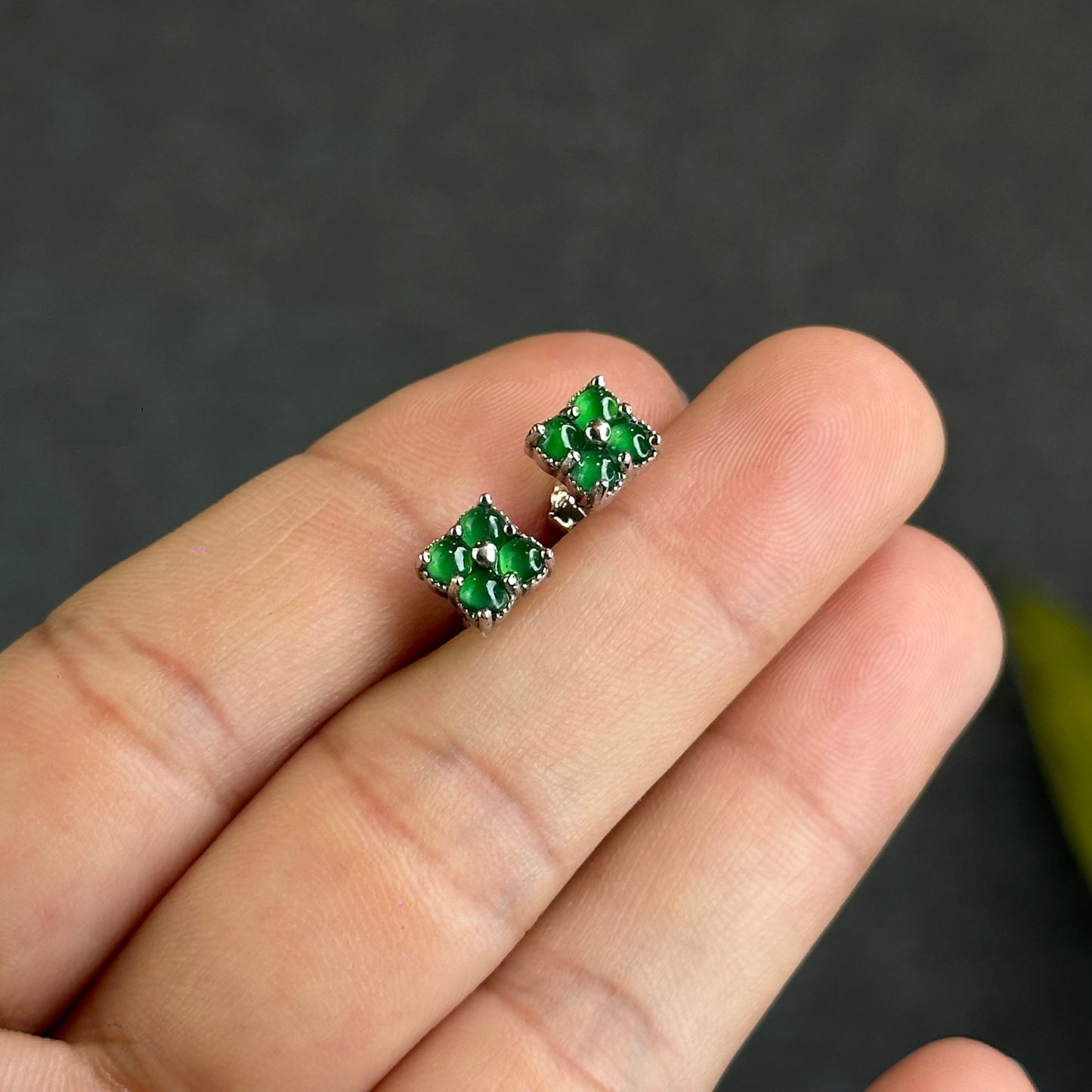 4 Leaf Icy Imperial Green Jadeite Jade Earrings in Silver 925 Setting