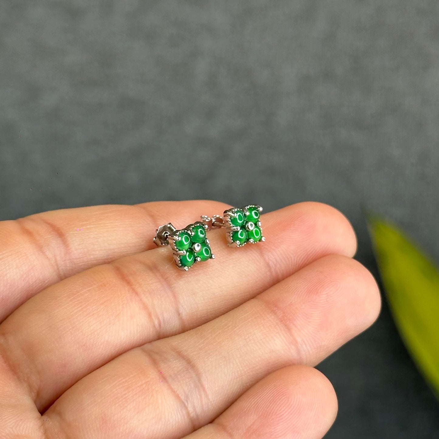 4 Leaf Icy Imperial Green Jadeite Jade Earrings in Silver 925 Setting