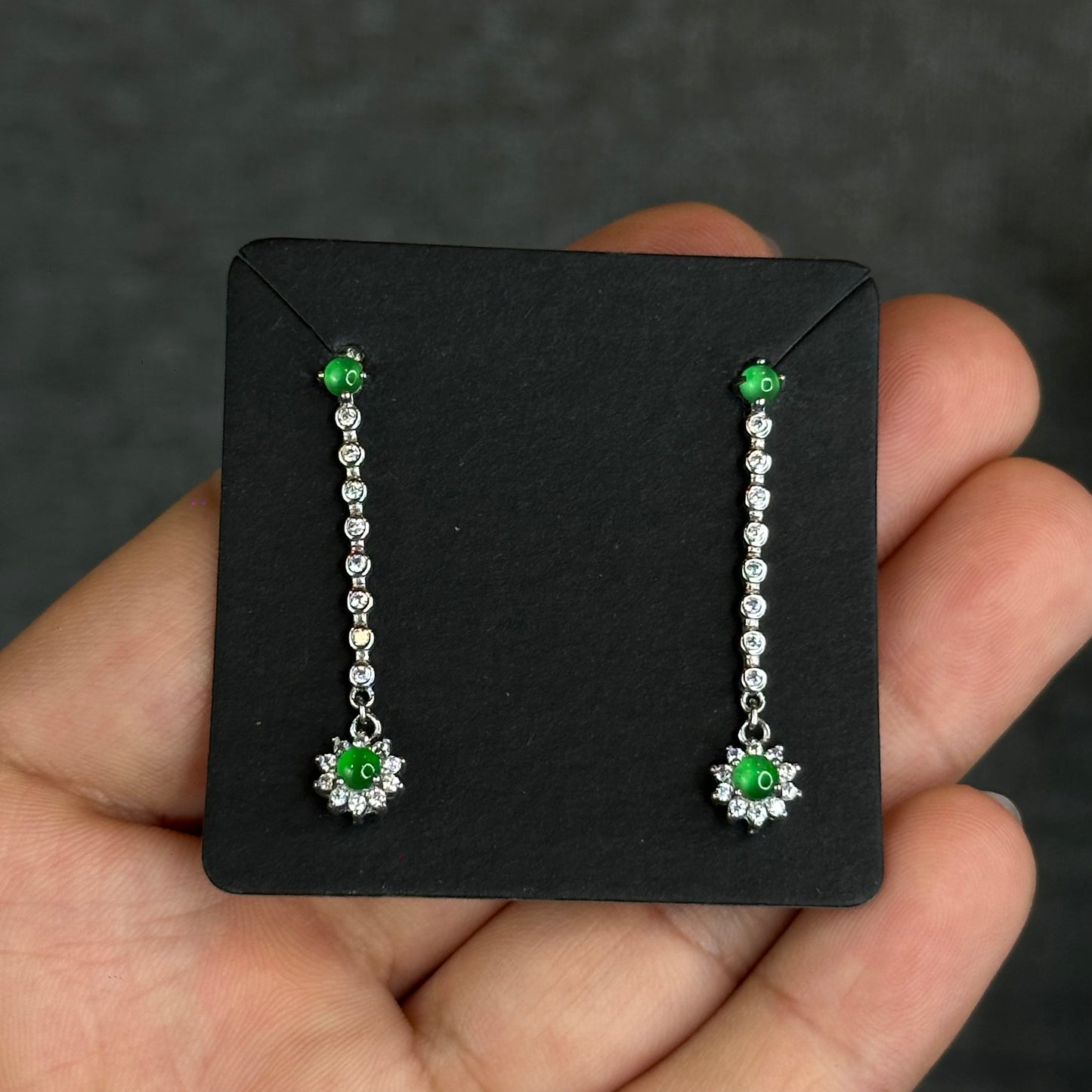 Vertical Flower Icy Imperial Green Jadeite Jade Earrings in Silver 925 Setting