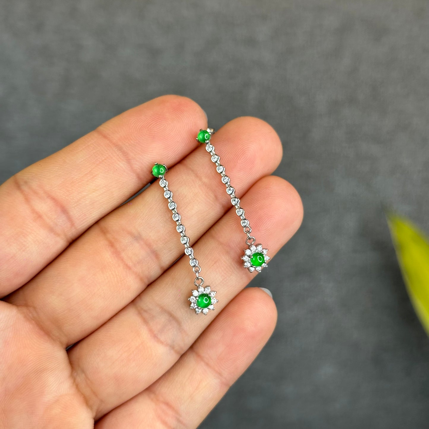 Vertical Flower Icy Imperial Green Jadeite Jade Earrings in Silver 925 Setting