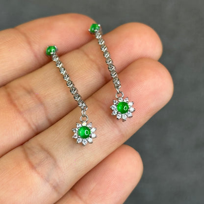Vertical Flower Icy Imperial Green Jadeite Jade Earrings in Silver 925 Setting