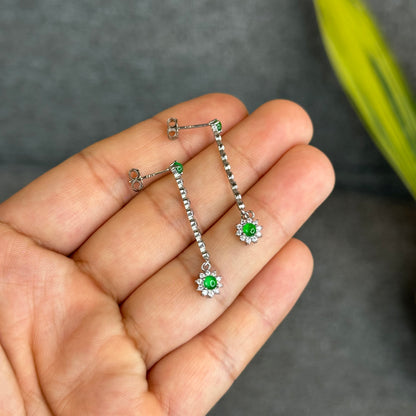 Vertical Flower Icy Imperial Green Jadeite Jade Earrings in Silver 925 Setting